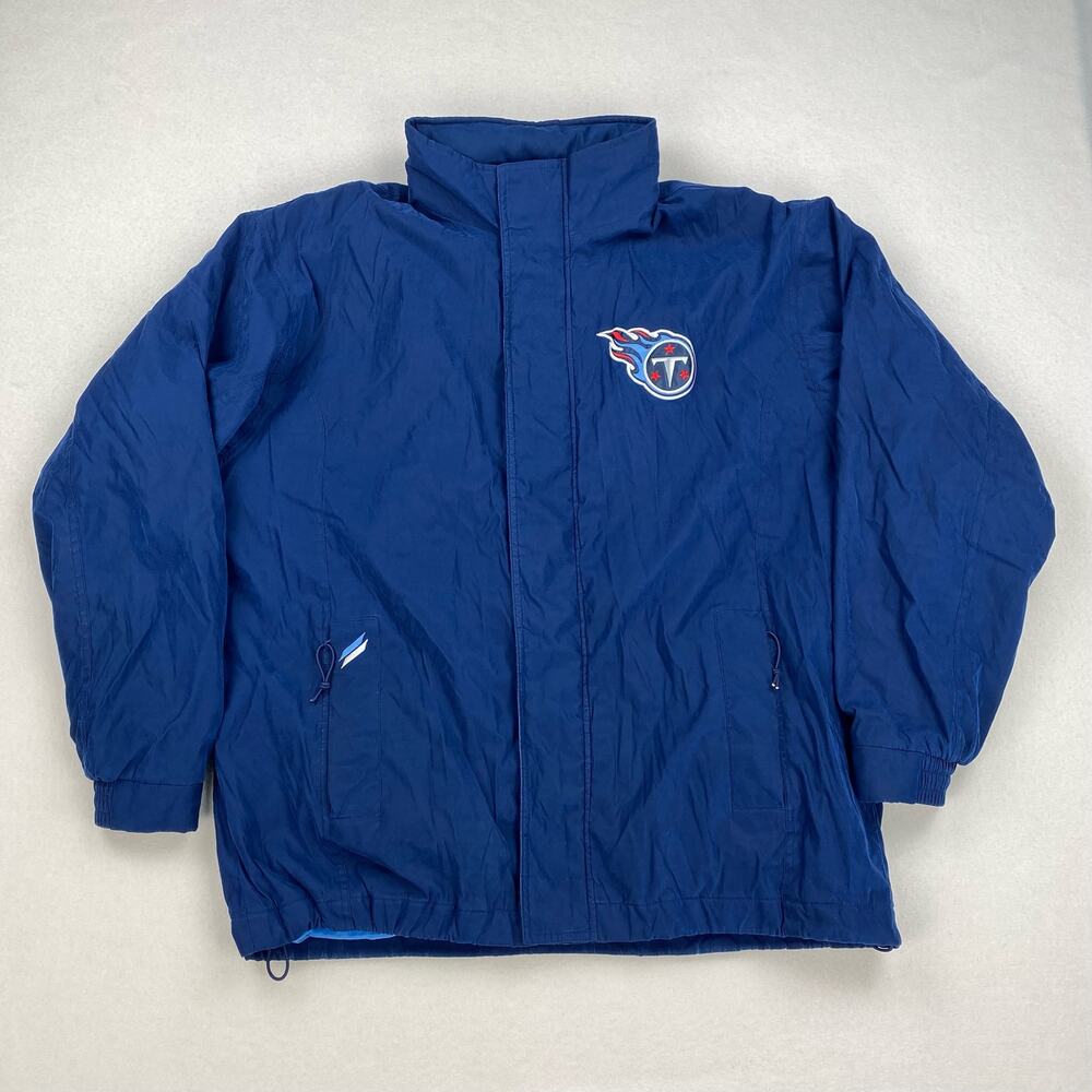 Vintage Tennessee Titans Jacket Size XL Blue Retractable Hood Zip Up Carl Banks